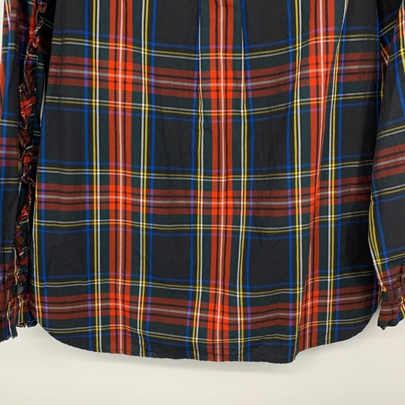 J.Crew Top Black Red Plaid Button Popover Ruffle Long Sleeve - Picture 13 of 13
